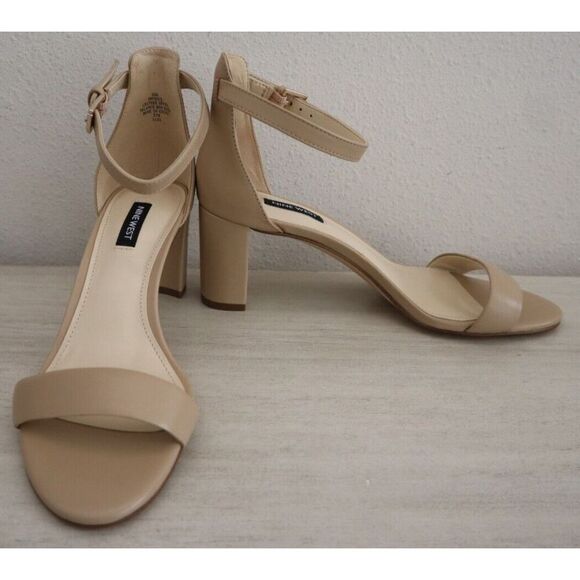 Nine West Women' Sz 8.5M Natural Staci Leather Pruce Block Heel Sandals - Picture 2 of 10